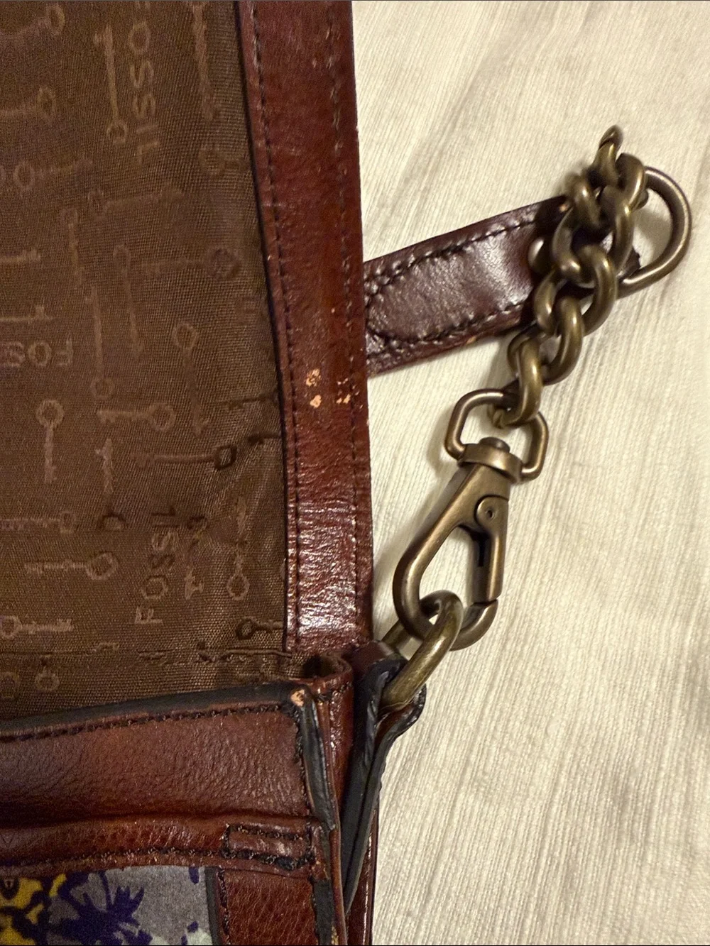 Fossil Brown Leather Shoulder Bag with Purple & Yellow Floral Panels - Picture 5 of 6